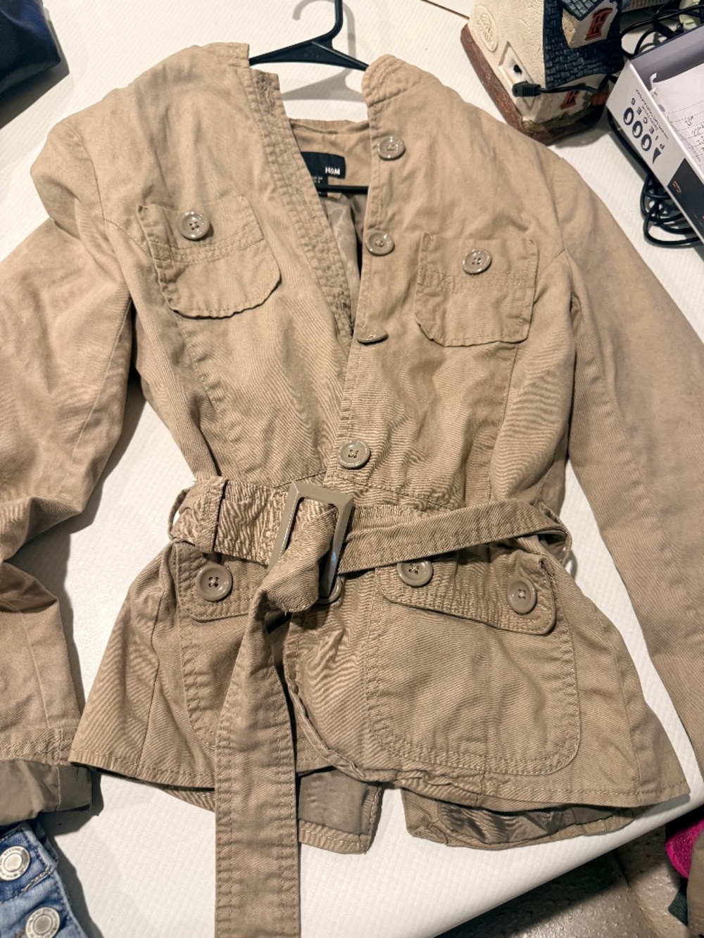 H&M Khaki Utility Trench Jacket Belted Small US 4